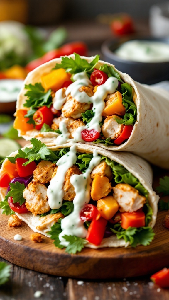 Greek Chicken Wrap with marinated chicken, fresh veggies, and tzatziki sauce on a wooden board.